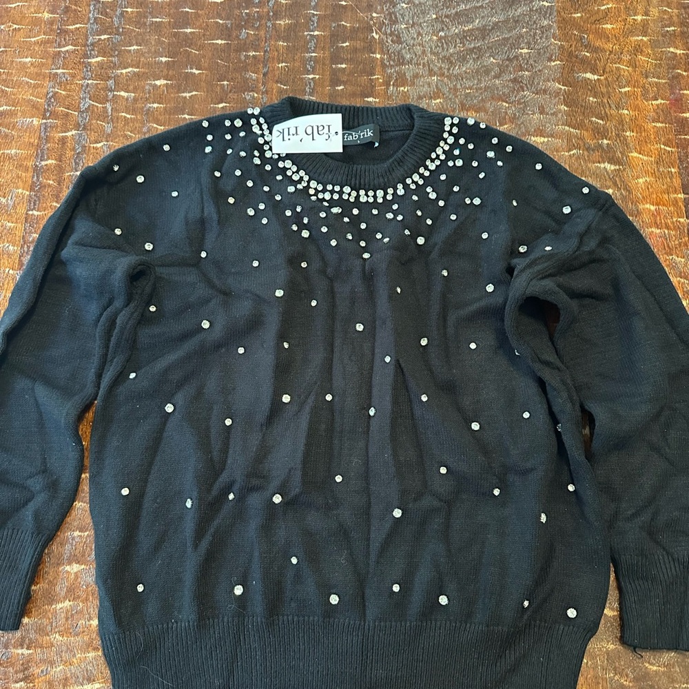 fab'rik Elegant Black Sweater with Diamond Accents